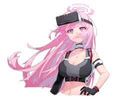 1girl absurdres armband black_armband black_gloves blue_archive breasts cleavage closed_mouth collarbone detached_sleeves eimi_(blue_archive) gloves grey_sports_bra halo hand_on_own_hip head-mounted_display highres ken_rqll large_breasts long_hair navel official_alternate_costume official_alternate_hairstyle pink_eyes pink_hair pink_halo simple_background single_detached_sleeve single_glove sitting solo sports_bra stomach very_long_hair visor_lift white_background