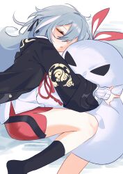 1girl absurdres bed_sheet black_jacket black_socks closed_eyes commentary_request grey_hair herrscher_of_sentience highres honkai_(series) honkai_impact_3rd hood hood_down hooded_jacket hugging_object jacket jingwei_(bird) korean_commentary long_hair long_sleeves lying multicolored_hair no_shoes on_side open_clothes open_jacket parted_lips pic_p_p red_shorts shirt shorts socks solo streaked_hair stuffed_animal stuffed_toy very_long_hair white_hair white_shirt