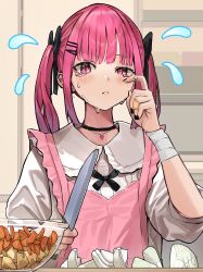 absurdres apron bandaged_wrist bandages bandaid bandaid_on_hand black_choker black_nails blouse blush bow bowl choker chopping closed_mouth commentary_request cooking cutting_board frown hair_bow hair_ornament hairclip highres hinamizawa_hinami_(tetto) holding holding_knife jewelry jirai_kei kitchen kitchen_knife knife nail_polish necklace onion original pink_apron pink_eyes pink_hair shirt slit_pupils tearing_up tears tetto_(onnoveltet) twintails white_shirt wiping_tears