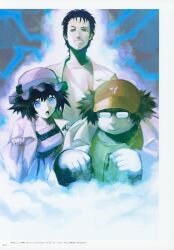 2boys absurdres black_hair blue_dress blue_hat breasts brown_hair collar dress electricity facial_hair fat fat_man frilled_collar frills furrowed_brow glasses grin hashida_itaru hat highres holding huke lab_coat lapels medium_breasts medium_hair messy_hair multiple_boys notched_lapels official_art okabe_rintarou open_mouth orange_hat pulling_own_clothes shiina_mayuri shirt short_hair smile steins;gate stubble surprised sweatdrop t-shirt tongue