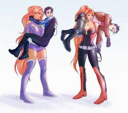 Rule 34 | 2boys, 2girls, akoichoi, amazon warrior, artemis of bana-mighdall, assertive female, bandaged hand, bandages, bare shoulders, batman (series), belt, boots, brothers, carrying, collarbone, couple, dc comics, fireman&#039;s carry, full body, hand wraps, holster, jason todd, koriand&#039;r, long hair, multiple boys, multiple girls, nightwing, orange hair, ponytail, princess carry, purple boots, red hood (dc), siblings, simple background, starfire, superhero costume, teen titans, thigh boots, thigh holster, very long hair, white background