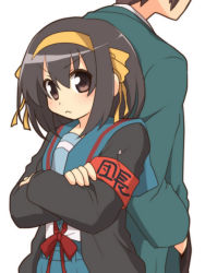 1boy 1girl :&lt; armband back-to-back blazer blue_sailor_collar blue_skirt blush brown_eyes brown_hair brown_pants commentary_request crossed_arms green_jacket hair_ribbon hairband hand_in_pocket jacket kita_high_school_uniform kyon long_sleeves looking_at_viewer out_of_frame pants red_ribbon ribbon sailor_collar school_uniform serafuku short_hair simple_background skirt solo_focus suzumiya_haruhi suzumiya_haruhi_no_yuuutsu taiki_(6240taiki) white_background yellow_hairband yellow_ribbon