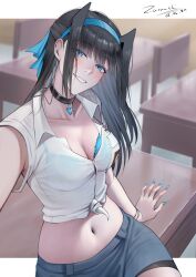 Rule 34 | 1girl, absurdres, arm support, bike shorts, black choker, black hair, black shorts, blue bra, blue eyes, blue hairband, blue nails, blue ribbon, blush, bra, bra visible through clothes, breast pocket, breasts, chair, choker, classroom, cleavage, collarbone, collared shirt, commentary, cowboy shot, desk, english commentary, fake nails, fingernails, grey skirt, grin, hair ribbon, hairband, half updo, head tilt, heart, heart choker, highres, indoors, large breasts, letterboxed, long fingernails, long hair, looking at viewer, midriff, miniskirt, navel, on desk, original, outside border, outstretched arm, pencil skirt, pocket, ribbon, school chair, school desk, school uniform, selfie, shirt, short sleeves, shorts, shorts under skirt, sitting, skirt, smile, solo, straight hair, tied shirt, underwear, white shirt, wing collar, wristband, zaenathi