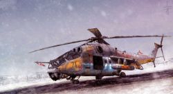 aircraft attack_helicopter bad_id bad_pixiv_id building cannon helicopter mi-24 military_base military_vehicle no_humans original rocket snow snowing yu-kun