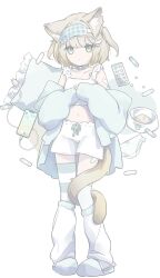 1girl absurdres animal_ear_fluff animal_ears aqua_jacket aqua_ribbon aqua_thighhighs bandaid bandaid_on_arm bandaid_on_leg belt_collar blonde_hair bloomers bow bow_panties bowl camisole cat_ears cat_girl cat_tail cellphone charger closed_mouth collar collarbone commentary dot_mouth expressionless frilled_camisole frilled_pillow frills green_eyes hair_ornament hands_on_own_chest highres jacket loose_socks mask mask_on_head midriff navel no_nose open_clothes open_jacket original own_hands_together panties paw_print pet_bowl phone pill pillow ribbon ribbon-trimmed_bloomers ribbon_trim rin_awashina short_hair short_twintails single_thighhigh sleep_mask slippers smartphone socks solo striped_clothes striped_thighhighs symbol-only_commentary tail thighhighs twintails two_side_up underwear unworn_panties white_bloomers white_camisole white_panties white_thighhighs wing_hair_ornament x_hair_ornament