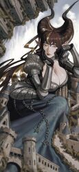 1girl absurdres armor armored_dress black_gloves black_horns blonde_hair blue_dress breasts brown_hair castle chain cleavage cleavage_cutout closed_mouth clothing_cutout commentary_request commission dress elbow_rest fantasy gauntlets giant giantess gloves gorget hair_flowing_over hand_on_own_head head_rest highres horizontal_pupils horns lapefamm large_breasts long_dress long_hair looking_at_viewer medieval multicolored_hair orange_lips original outdoors pointy_ears russian_commentary shoulder_armor sitting solo streaked_hair watermark yellow_eyes