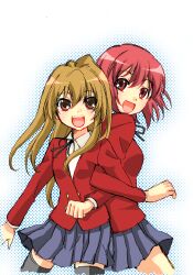 2girls :d aisaka_taiga arisumo back-to-back black_bow black_bowtie black_ribbon black_thighhighs blue_background bob_cut bow bowtie breasts brown_eyes brown_hair buttons collared_shirt commentary cropped_legs curled_fingers double-breasted dress_shirt grey_skirt hair_between_eyes hair_over_shoulder halftone halftone_background jacket kushieda_minori light_blush locked_arms long_hair long_sleeves looking_at_viewer looking_back medium_breasts multiple_girls neck_ribbon oohashi_high_school_uniform open_mouth pleated_skirt red_eyes red_hair red_jacket ribbon school_uniform shirt short_hair skirt small_breasts smile teeth thighhighs toradora! two-tone_background upper_teeth_only white_background white_shirt zettai_ryouiki