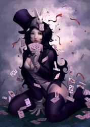 1girl :p animification arm_support black_hair black_thighhighs boots breasts brown_eyes card card_in_hat card_in_mouth cleavage dc_comics diamonds female_focus floating_card gloves hat heart holding holding_card justice_league leotard lipstick long_hair looking_at_viewer magician makeup medium_breasts mouth_hold okita playing_card rabbit sitting solo spade spade_(shape) spades thigh_boots thighhighs tongue tongue_out too_many_cards top_hat wariza white_gloves zatanna_zatara