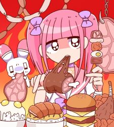 1girl animal bandaged_arm bandages bird black_eyes blunt_bangs bow bowl burger chain chicken collar eating egg_(food) ezaki_bisuko fire food fried_egg heart hexagram holding holding_food looking_at_viewer meat menhera-chan_(ezaki_bisuko) menhera-chan_(ezaki_bisuko)_(character) pink_hair pink_sailor_collar purple_bow purple_collar rabbit red_background rice rice_bowl sailor_collar sausage school_uniform serafuku shish_kebab short_twintails sidelocks solo star_of_david twintails usatan_(ezaki_bisuko) white_serafuku