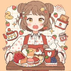 1girl blueberry blush_stickers border brown_hair candy collared_shirt commentary cookie corrupted_twitter_file cup double_bun drooling eeppa food food-themed_hair_ornament fruit grid_background hair_bun hair_ornament heart heart_hair_ornament highres holding holding_tray long_sleeves looking_at_viewer mouth_drool mug open_mouth original outside_border pancake plate polka_dot polka_dot_shirt pudding red_vest shirt short_hair solo star_(symbol) star_hair_ornament strawberry strawberry_hair_ornament symbol-only_commentary teapot toaster tray upper_body vest white_background white_shirt wrapped_candy yellow_border yellow_eyes