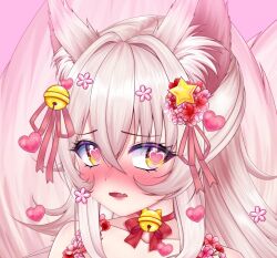 1girl animal_ears blush collar dress fox_ears fox_girl fox_tail hair_ornament kitsu_(vtuber) kudalive long_hair looking_at_viewer multiple_tails open_mouth orange_eyes pink_dress pink_hair pink_ribbon pink_stockings red_ribbon ribbon smile star_(symbol) star_hair_ornament tail very_long_hair