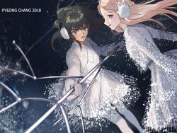 2girls :d alternate_universe black_hair brown_eyes brown_hair dated dress earmuffs gloves grey_eyes her_shim_cheong highres imam_(oozlo) korean_commentary lens_flare looking_at_viewer manim_(her_shim_cheong) multiple_girls object_request official_alternate_costume official_art open_mouth pale_skin pantyhose ponytail shim_cheong smile v-shaped_eyebrows white_dress white_gloves white_pantyhose winter_clothes