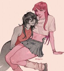 Rule 34 | 2girls, adventure time, ahageao49, black hair, black nails, brown background, colored skin, commentary, crop top, english commentary, fang, grey skin, grey skirt, hand on another&#039;s thigh, hand on another&#039;s waist, highres, jewelry, long hair, loose socks, marceline abadeer, midriff, multiple girls, navel, necklace, open mouth, pink hair, pink skin, pleated skirt, princess bonnibel bubblegum, red tank top, shirt, short sleeves, simple background, skirt, smile, socks, tank top, white shirt, white socks, yuri