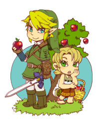 1boy 1girl anklet apple barefoot basket blonde_hair blue_eyes capri_pants earrings food fruit gloves green_eyes hat holding_sword ilia jewelry link nintendo pants rito_(kinokosoup) smile sword the_legend_of_zelda the_legend_of_zelda:_twilight_princess tree weapon