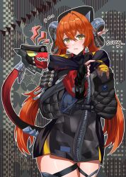1girl asymmetrical_gloves black_gloves black_hoodie black_horns blue_sealad blush cowboy_shot dragon_girl dragon_horns dragon_tail fingerless_gloves gloves hair_between_eyes highres hood hoodie horns long_hair looking_at_viewer mechanical_tail mismatched_gloves orange_hair orange_pupils orpheus_(zenless_zone_zero) pointy_ears tail twintails wavy_mouth yellow_gloves zenless_zone_zero