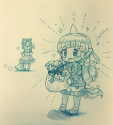 2girls arinu bow broom chibi commentary_request curly_hair detached_sleeves frills gift hair_bow hair_tubes hakurei_reimu highres horns kariyushi_shirt komano_aunn long_hair long_sleeves monochrome multiple_girls nontraditional_miko open_mouth shoes short_hair shorts single_horn skirt skirt_set sparkle star_(symbol) sweeping tail touhou translated wide_sleeves
