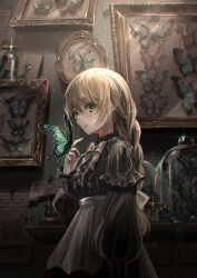 1girl black_bow black_bowtie black_shirt black_skirt blonde_hair blue_butterfly bottle bow bowtie braid bug butterfly butterfly_on_hand center_frills closed_mouth commentary_request cowboy_shot framed_insect frilled_sleeves frills hand_up highres indoors insect insect_collection jar long_hair long_sleeves looking_at_viewer marutani original paper picture_frame puffy_long_sleeves puffy_sleeves shirt skirt smile solo sparkle standing too_many too_many_butterflies torn_paper torn_wings wings yellow_eyes