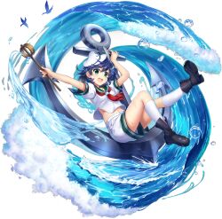 1girl anchor anchor_symbol bird black_boots black_hair boots breasts full_body game_cg green_eyes green_sailor_collar happy hat highres hishaku holding hydrokinesis kneehighs looking_at_viewer midriff_peek murasa_minamitsu navel neckerchief official_art open_mouth puffy_short_sleeves puffy_sleeves red_neckerchief rotte_(1109) sailor sailor_collar sailor_hat sailor_shirt shirt shoe_soles short_hair short_sleeves shorts small_breasts socks solo teeth third-party_source touhou touhou_lostword transparent_background upper_teeth_only water water_drop waves white_hat white_shirt white_shorts white_socks
