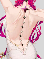 1girl absurdres adapted_costume alternate_costume arms_up ayavi back back_focus backless_dress backless_outfit bare_shoulders body_jewelry chain clair_obscur:_expedition_33 dress gold_chain head_out_of_frame highres hololive hololive_english irys_(hololive) jewelry long_hair nape pink_hair shoulder_blades solo upper_body very_long_hair virtual_youtuber white_dress
