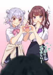 3girls absurdres black_ribbon blue_skirt blush bow bowtie cellphone cevio commentary dot_nose double_bun flying_sweatdrops gradient_background grey_hair hair_bun hair_ornament hair_ribbon hairclip hanakuma_chifuyu hand_on_own_face heart heart_hands highres holding holding_phone jacket koharu_rikka meteorite_(yurenlin8) miniskirt multiple_girls natsuki_karin phone pink_bow pink_bowtie pink_eyes purple_bow purple_bowtie purple_eyes red_hair ribbon school_uniform shirt short_hair short_sleeves simple_background skirt synthesizer_v tied_jacket translated twintails white_shirt