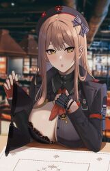 Rule 34 | 1girl, :o, absurdres, armor, beret, black bra, black hat, black shirt, blush, boobplate, bra, breastplate, breasts, brown eyes, brown hair, cleavage, commentary request, emma (nikke), flashing, gaitoou, goddess of victory: nikke, hat, highres, holding, indoors, large breasts, long hair, long sleeves, looking at viewer, neckerchief, oppai challenge, parted lips, red neckerchief, restaurant, shadow, shirt, sidelocks, sitting, solo, table, underwear, upper body