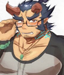 1boy adjusting_eyewear bara beard_stubble blue_hair blush broken_horn demon_boy demon_horns facial_hair fang fiery_horns highres horns huge_eyebrows large_pectorals looking_at_viewer male_focus mature_male muscular muscular_male official_alternate_costume pectoral_cleavage pectorals portrait scar scar_on_neck shirt shy solo stubble suna_sand1 t-shirt takemaru_(housamo) tokyo_houkago_summoners unfinished