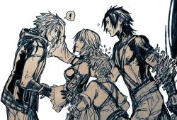 Rule 34 | !, 1girl, 3boys, aqua (kingdom hearts), chest strap, commentary, english commentary, flying sweatdrops, gloves, hand on another&#039;s head, holding another&#039;s arm, kingdom hearts, looking at another, multiple boys, owlforkh, parted lips, petting, riku (kingdom hearts), short hair, speech bubble, spoken exclamation mark, standing, sweatdrop, terra (kingdom hearts), ventus (kingdom hearts), worried