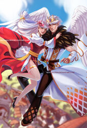 Rule 34 | 1boy, 1girl, absurdres, arch bishop (ragnarok online), argyle cape, argyle clothes, argyle pants, argyle shirt, black pants, black shoes, blue sky, blurry, blurry background, cape, city, closed mouth, cloud, commentary, commission, cross, crown, day, detached sleeves, dress, english commentary, feathered wings, fishnet thighhighs, fishnets, flower, flying, full body, fur collar, grin, hair flower, hair ornament, high heels, highres, juliet sleeves, long hair, long sleeves, looking at viewer, low-tied long hair, olchas, orange eyes, outdoors, pants, pink flower, pointy ears, puffy sleeves, ragnarok online, red dress, sash, shirt, shoes, short hair, sky, smile, sorcerer (ragnarok online), thighhighs, two-tone dress, waist cape, white cape, white dress, white hair, white shirt, white sleeves, white thighhighs, white wings, wings, yellow eyes, yellow sash