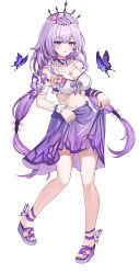 1girl absurdres bikini black_tiara borii breasts bug butterfly castorice_(honkai:_star_rail) cleavage collarbone commentary flower full_body hair_flower hair_ornament highres honkai:_star_rail honkai_(series) insect medium_breasts midriff nail_polish navel parted_lips purple_butterfly purple_eyes purple_hair purple_skirt sandals see-through_clothes see-through_skirt simple_background skirt solo swimsuit tiara toenail_polish toenails toes white_background white_bikini
