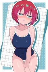 1girl :c absurdres amate_yuzuriha aqua_background aqua_eyes aqua_hair bare_shoulders blue_one-piece_swimsuit blush breasts closed_mouth collarbone colored_inner_hair commentary_request covered_navel frown furrowed_brow groin gundam gundam_gquuuuuux highres medium_breasts multicolored_hair odorukaminoke one-piece_swimsuit pink_hair polka_dot polka_dot_background purple_pupils short_hair solo swimsuit thighs two-tone_background white_background
