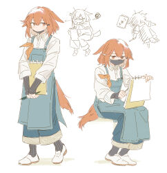 1girl absurdres animal_ears aqua_apron arknights arrow_(symbol) black_pantyhose blue_skirt chinese_commentary closed_mouth collared_shirt commentary_request covered_mouth crownslayer_(arknights) dopperu_ben drawing_(action) hair_between_eyes hair_ornament hairclip highres holding layered_sleeves long_skirt long_sleeves looking_at_viewer looking_down mask mouth_mask multiple_views orange_eyes orange_hair orange_tail pantyhose shirt shoes short_hair simple_background skirt sleeves_past_wrists squiggle three-quarter_sleeves white_background white_shirt white_shoes