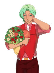 1boy absurdres arm_behind_back belt bouquet collared_shirt cove_holden daisy_(flower) flower green_eyes green_hair heart highres holding holding_bouquet looking_at_viewer necktie our_life:_beginnings_and_always promotional_art red_shirt red_vest rose sayrenka scratching_head shirt short_hair smile solo upper_body vest white_background white_necktie