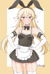 1girl alternate_costume artist_name black_dress black_hairband blonde_hair breasts dress elbow_gloves frilled_dress frills garter_straps gloves grey_eyes hairband hands_on_own_hips highres kantai_collection long_hair looking_at_viewer maid one-hour_drawing_challenge shimakaze_(kancolle) small_breasts solo spaghetti_strap standing two-tone_background white_dress white_gloves yatsurugi