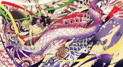 1girl 5boys amano_yoshitaka_(style) blonde_hair cyan_garamonde dog facial_hair final_fantasy final_fantasy_vi fish gau green_hair highres holding holding_paintbrush interceptor_(ff6) sabin_rene_figaro multiple_boys mustache oarfish oju_(ouka) old old_man paint paintbrush relm_arrowny samurai scales shadow_(ff6) square_enix strago_magus topless_male