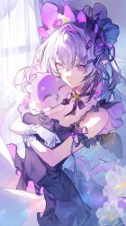1girl bare_shoulders black_dress breasts bright_pupils castorice_(honkai:_star_rail) cleavage closed_mouth dress gloves hair_between_eyes hair_ornament hairclip highres honkai:_star_rail honkai_(series) indoors long_hair looking_at_viewer nong_345 pointy_ears purple_eyes purple_hair sitting solo tearing_up thighhighs white_gloves white_pupils white_thighhighs