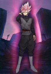 1boy black_bodysuit black_pants bodysuit boots dougi dragon_ball dragon_ball_super earrings goku_black grey_eyes highres jewelry long_sleeves looking_at_viewer nxauto pants pink_hair potara_earrings red_sash saiyan sash smirk solo spiked_hair super_saiyan super_saiyan_rose white_footwear