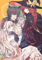 1boy 2girls :d absurdres albino animal_ears bare_shoulders belt black_cloak blood blood_on_clothes blunt_bangs bridal_veil bride brown_eyes brown_hair choker cloak collar dress fang fata_morgana_no_yakata frilled_choker frills fur_trim grey_shirt grin hair_between_eyes halloween hashtag-only_commentary hat highres hood hood_down hooded_cloak huixiaaa42305 jacopo_bearzatti long_hair looking_at_viewer medium_hair morgana_(fata_morgana_no_yakata) multiple_girls open_mouth pants pectoral_cleavage pectorals plunging_neckline red_eyes red_hair red_robe robe shirt skeletal_arm smile spiked_collar spikes stitched_face stitches sweatdrop the_white-haired_girl_(fata_morgana_no_yakata) veil white_dress white_hair white_pants witch_hat wolf_boy wolf_ears yellow_background yellow_eyes
