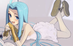 1girl ahoge bare_shoulders blue_eyes blue_hair blush boa_(brianoa) book bracer breasts crocs dress granblue_fantasy inkwell light_blue_hair long_hair looking_at_viewer lying lyria_(granblue_fantasy) on_stomach open_book open_mouth parted_bangs quill sidelocks small_breasts smile solo white_dress