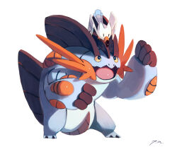 bluekomadori colored_sclera full_body gen_3_pokemon highres looking_up mega_pokemon mega_swampert nintendo no_humans nostrils on_head open_mouth pokemon pokemon_(creature) signature simple_background swampert white_background wingull yellow_eyes yellow_sclera