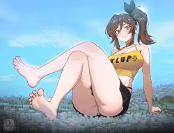 1girl armpit_crease artist_logo ass bare_legs bare_shoulders barefoot blue_sky blush breasts brown_hair character_request city cleavage closed_mouth collarbone commentary commission copyright_request crop_top crossed_legs day difman ear_piercing english_commentary feet full_body giant giantess hair_between_eyes highres large_breasts legs logo long_hair looking_at_viewer miniskirt outdoors panties piercing side_ponytail sidelocks single_hair_intake sitting skirt sky smile soles solo spread_toes tank_top thighs toenails toes underwear white_panties yellow_tank_top