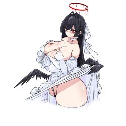 1girl absurdres antenna_hair bags_under_eyes bare_shoulders between_labia black_hair black_wings blue_archive blush breasts cleavage clothes_lift collarbone commentary_request dress frontal_wedgie hair_ribbon halo hand_on_own_chest highres huge_breasts korean_commentary lazy_ant lifting_own_clothes long_hair looking_at_viewer melting_halo partially_visible_vulva red_eyes red_halo ribbon shirt_lift solo thick_thighs thighs tsurugi_(blue_archive) tsurugi_(dress)_(blue_archive) very_long_hair wedgie white_dress white_ribbon wings
