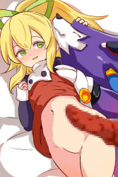 animal_penis bed blonde_hair censored clothes_lift commission dog_penis dress dress_lift eternal_puwawa green_eyes highres loli mega_man_(series) penis penis_on_stomach petting robot roll_(mega_man) skeb_commission treble_(mega_man) wolf