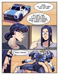 1boy 1girl artist_name black_hair breasts butter_sugoi character_doll earrings frown glasses highres jewelry large_breasts motion_lines opaque_glasses original pointing smile strongarm_(transformers) stud_earrings toy_car transformers transformers:_robots_in_disguise_(2015)