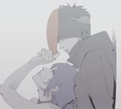 1boy 1girl against_wall akatsuki_(naruto) akatsuki_uniform arm_up bandaged_head bandages bare_shoulders coat eyeshadow flower hair_bun hair_flower hair_ornament height_difference high_collar konan_(naruto) labret_piercing lips long_sleeves looking_at_another looking_up makeup mask nail_polish naruto_(series) naruto_shippuuden obobkkp orange_eyes orange_mask orange_nails parted_lips piercing profile purple_hair short_hair sleeveless spiked_hair spot_color uchiha_obito upper_body