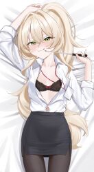 1girl absurdres black_bra black_pantyhose black_skirt blonde_hair blue_archive blush bra green_eyes halo highres id_card long_hair looking_at_viewer office_lady open_clothes open_shirt pantyhose professor_niyaniya_(blue_archive) sambel_kacang1 shirt simple_background skirt solo underwear white_shirt yellow_halo