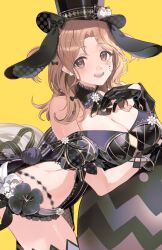 1girl absurdres animal_ears arm_garter asymmetrical_legwear black_bow black_gloves black_hat blush bow breasts brown_hair cleavage detached_collar facepaint fake_animal_ears fake_tail gloves hair_bow hat highres huge_breasts ichikawa_hinana idolmaster idolmaster_shiny_colors kameria526 leaning_forward leaning_on_object median_furrow mismatched_legwear rabbit_ears rabbit_tail revealing_clothes simple_background smile sooo tail teeth upper_teeth_only yellow_background