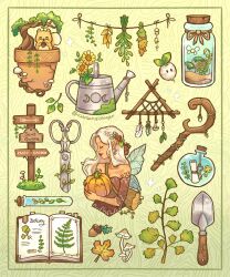 1girl acorn bonsai book bookmark bottle brown_dress bug closed_eyes commentary crystal dress english_commentary fairy fairy_wings firefly flower gardening_shears hair_flower hair_ornament highres holding holding_pumpkin insect key kurainvillager leaf log long_hair message_in_a_bottle mushroom neopaganism object_focus original plant pointy_ears potted_plant profile pumpkin sand scroll shovel sign solo squirrel staff sunflower terrarium test_tube tree triple_moon_goddess turnip watering_can white_hair wings