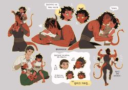 &gt;_o 4girls :3 asymmetrical_hair baby baldur&#039;s_gate baldur&#039;s_gate_3 bare_shoulders black_hair black_pants black_shirt book book_on_lap broken_horn brown_gloves brown_hair carrying carrying_person child closed_eyes clothing_cutout colored_skin commentary_request cowboy_shot cropped_legs demon_girl demon_horns demon_tail dungeons_&amp;_dragons family fingerless_gloves flexing forehead-to-forehead full_body gloves green_eyes grey_background hand_on_another&#039;s_head hanging_on_arm headpat heads_together heart height_difference highres holding holding_stuffed_toy horn_grab horns if_they_mated indian_style karlach korean_commentary korean_text medium_hair mother_and_daughter multicolored_hair multiple_girls multiple_views muscular muscular_female one_eye_closed open_book outline pants pointy_ears profile red_skin scar scar_on_arm shirt shoulder_carry sidecut simple_background sitting sitting_on_lap sitting_on_person sleeveless sleeveless_shirt smile streaked_hair stuffed_animal stuffed_rabbit stuffed_toy swaddled sweat tail tail_through_clothes tav_(baldur&#039;s_gate) teddy_bear tiefling tollmlycat translation_request twitter_username two-tone_hair undercut white_shirt yellow_eyes yellow_outline