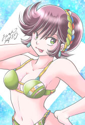 1girl 2024 :p aononmi bare_arms benten_(urusei_yatsura) bikini breasts brown_hair cleavage collarbone dated earrings green_bikini green_eyes hand_in_own_hair hand_on_own_hip highres jewelry medium_breasts multicolored_headband navel short_hair signature solo standing swimsuit tongue tongue_out urusei_yatsura