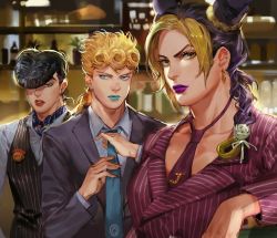 1girl 2boys adjusting_clothes adjusting_necktie aqua_lips arm_rest black_hair blonde_hair blue_eyes bottle braid breasts diamond_wa_kudakenai double_bun earrings flower formal_clothes giorno_giovanna hair_flower hair_ornament hair_over_one_eye higashikata_josuke jewelry jojo_no_kimyou_na_bouken kuujou_jolyne lipstick makeup medium_breasts multiple_boys necktie nojamman parted_lips peace_symbol pompadour purple_hair purple_lips red_lips single_braid stone_ocean stud_earrings suit vento_aureo vest victory_rolls yellow_eyes